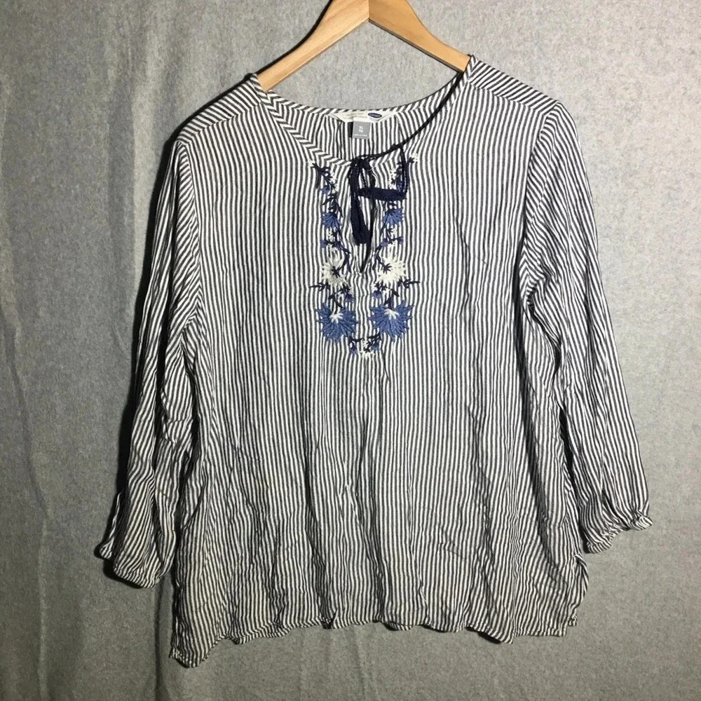 Womens Old Navy Blouse Tunic Length Striped Embroidery Floral Coastal Boho Beach